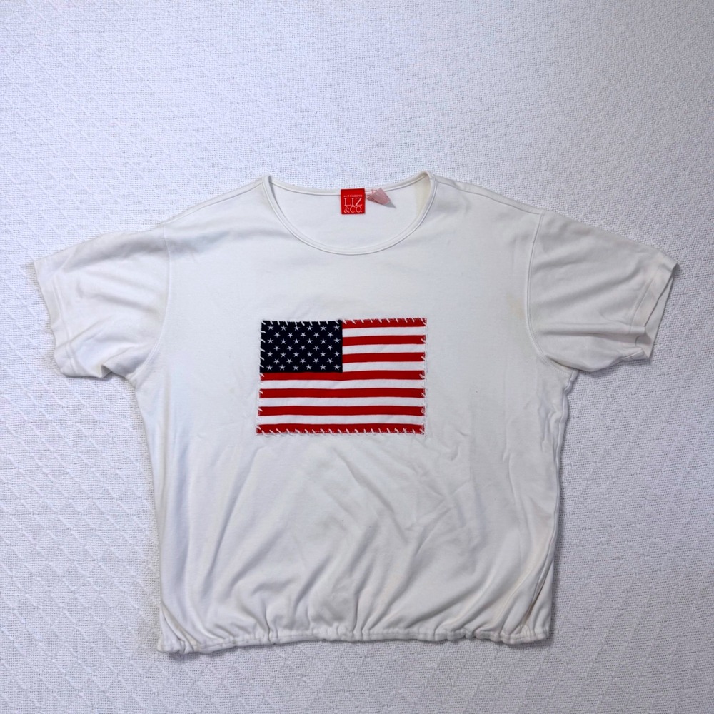 Liz Claiborne Liz & Co Womens White American Flag Cinched Hem Cotton Top Large
